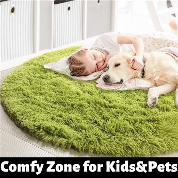 Grass Green Round Rug for Bedroom,Fluffy Circle Rug 4'X4' for Kids Room,Furry - Picture 2 of 7